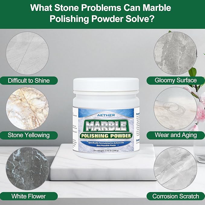 AETHER Marble Polishing Powder Restore Shine Remove Water Stains Scratches Rings Etches Professional Stone Polishing &amp Cleaning Powder for Marble Stone Granite Quartz Tile Floor Countertop Surfa