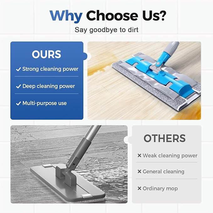 Flat Mop with Stainless Steel Handle with Reusable Washable Mop Cloths 2025 Professional Microfiber Mops Floor Cleaning Mops 4 Reusable Washable Pads (Blue-White Four mops)