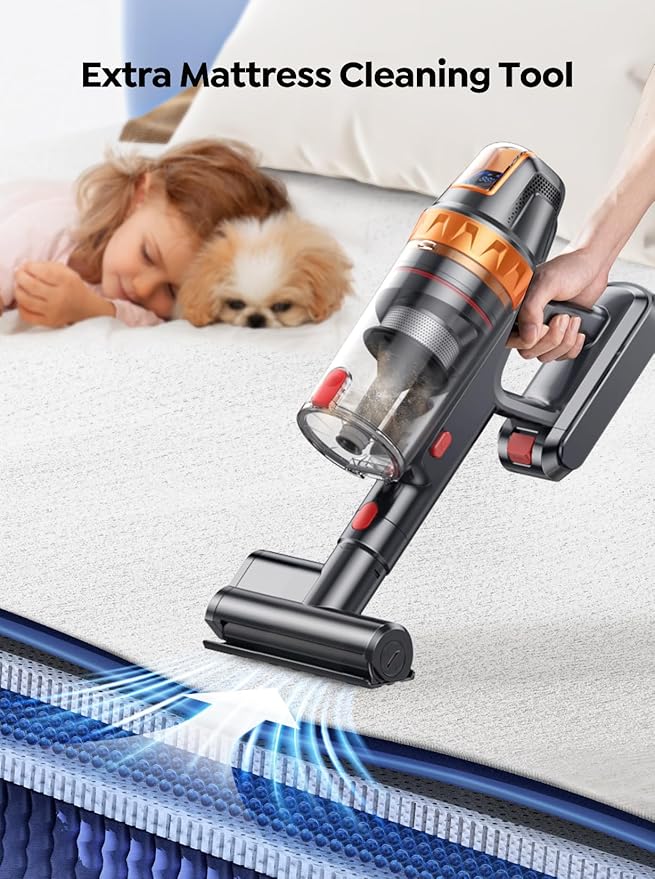 Cordless Vacuum Cleaner 600W with Extra Mattress Cleaning Tool 45KPA Stick Vacuum Cleaners for Home 60 Mins Runtime Self-Standing Wall Mount Charging Rechargeable Vacuum for Floor Carpet Pet Hair