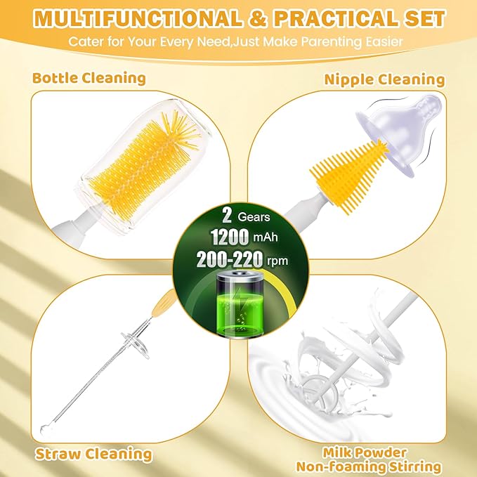 IvyWind Electric Travel Baby Bottle Brush Set with Storage Box Automatic Bottle Cleaner Brush Kit with Silicone Bottle/Nipple/Straw BrushMilk Frother Electric and Drainage Rack Rechargeable Yellow