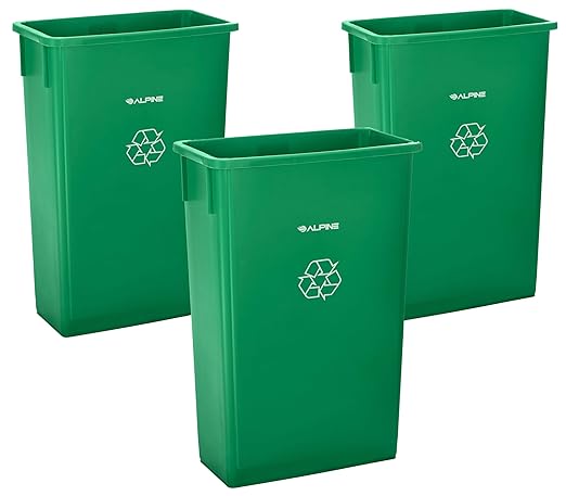 Alpine 23 Gallon Slim Trash Can - Open Top 3 Pack Slender Green Recycle Bin - Heavy Duty Plastic Garbage Bin for Homes Offices and Other Commercial Space