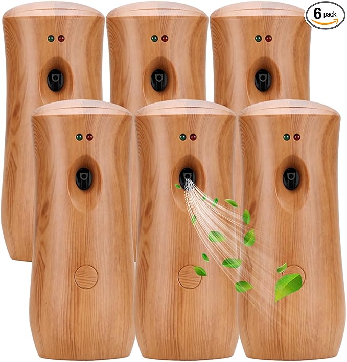 Automatic Air Freshener Spray Dispenser (6-Pack) Free Standing or Wall Mounted Adjustable Aromatherapy Machines for Home Indoor Bathrooms Offices Hotels and Commercial Places (Wood 001)