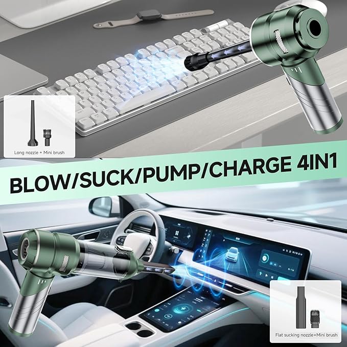 Car Vacuum Portable Cordless 22000PA High Power Handheld Mini Vacuum Cleaner Rechargeable Foldable with Brushless Motor Air Blower Duster Pump for Car Home Office Pet (Grayish Green)
