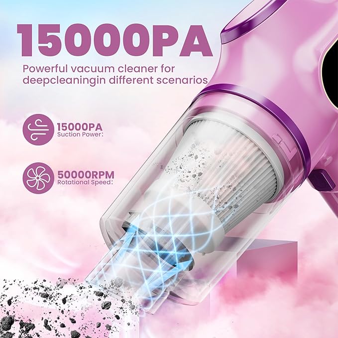 Pink Car Vacuum CleanerPortable Mini Cordless Small Handheld Vacuum Cleaner with LCD Display and Multi-Nozzles Powerful Hand Held Vacuums for CarPet HairHomeOfficeSofaKeyboard