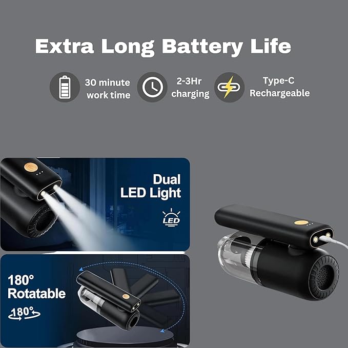 GajetNest Mini Portable Foldable Car Vacuum Cleaner - 20000PA Strong Suction Cordless LED Light Blower &amp Inflator Long-Lasting Battery Compact &amp Lightweight Easy Carry Folding Design (B