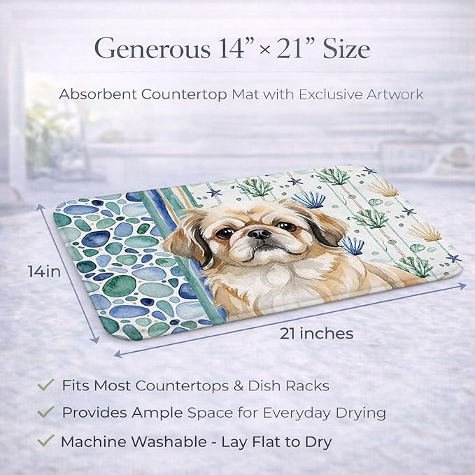 Caroline's Treasures Fawn Pekingese Coastal Sea Glass Dish Drying Mat Absorbent Dish Drying Mat Pad for Kitchen Counter Dish Drainer Mat for Countertop 14 x 21 Multicolor