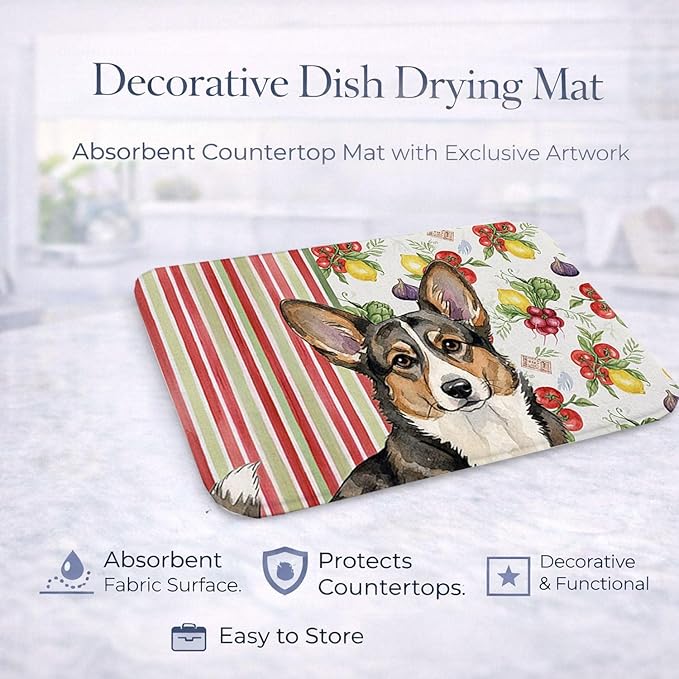 Caroline's Treasures Brindle Cardigan Welsh Corgi Vegetables Dish Drying Mat Absorbent Dish Drying Mat Pad for Kitchen Counter Dish Drainer Mat for Countertop 14 x 21 Multicolor