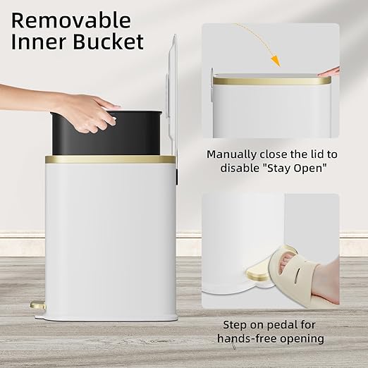 KUK Small Bathroom Trash Can with Lid Soft Close Step Pedal 2.6 Gal Stainless Steel Garbage Can with Removable Inner Bucket Anti-Fingerprint Wastebasket for Office Bedroom Toilet (White)