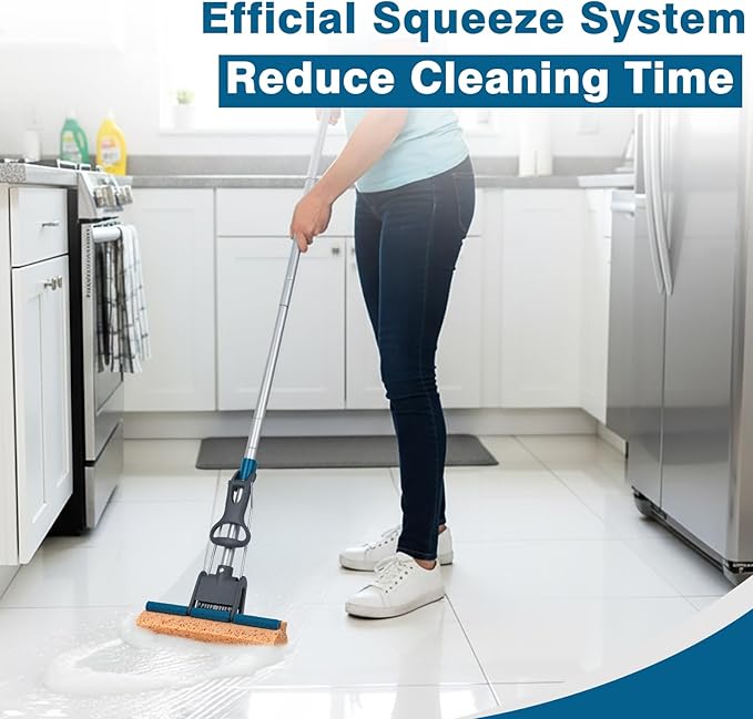 Sponge Mop for Floor Cleaning 50 Heavy Duty Roller Mop with 4 Cellulose Refill Heads Easy Self-Squeeze for Hardwood Tile Concrete Wall Ceiling