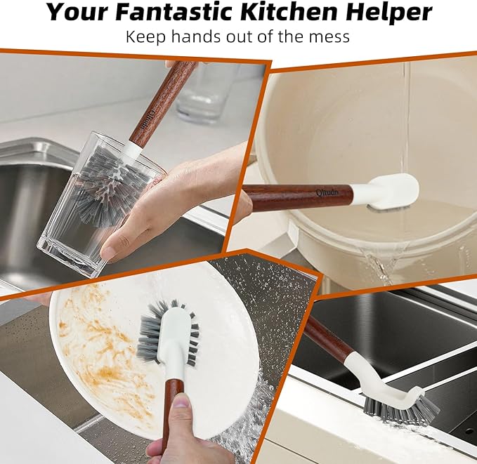4-Pack Heavy Duty Scrub Brushes with 11 Sapele Wood Handle – PBT Bristles &amp TPR Loop – Kitchen Bathroom Grout Dish &amp Tile Cleaner – Durable Non-Slip Multi-Surface Cleaning Brush Set