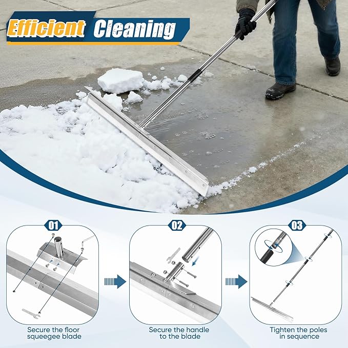 CAROD 33.4 Large Floor Squeegee for Concrete Commercial Heavy Duty Silicone Blade Squeegee for Floor with 63 Stainless Handle Anti-Splash Curved Baffle for Garage Factory and Tough Cleaning Jobs