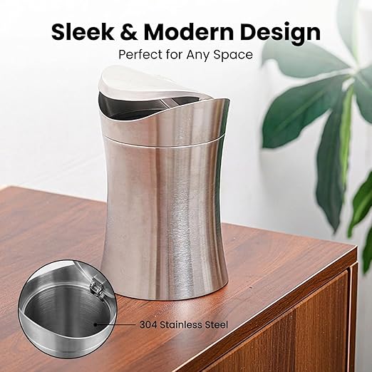 Compact Mini Countertop Trash Can 304 Stainless Steel 1.5 Gallon with Swing Lid - Odor Control Easy Clean Design Tiny Garbage Desktop Trash Cans Ideal for Home Office Bathroom Use