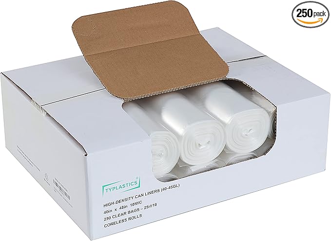 TYPLASTICS 40-45 Gallon Clear Trash Can Liners - 40 x 48 – High Density Garbage Bags - Case of 250 – Multipurpose for Office Outdoor Recycling Industrial and Commercial