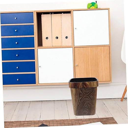 Square Trash Can with Faux Wood Grain Pattern Lidless Plastic Wastebasket with Removable Press Ring for Convenient Bag Attachment Rustic Vanity Waste Bin for Office Bedroom Kitchen
