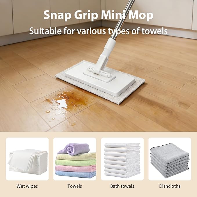 Snap Grip Mini MopZero Touch Mini Mops with Locking HeadCloth ChangingDisposable Dust Mop with Reusable ClothsHandle Wet and Dry All Rags Can Be InstalledQuick InstallationNo Wash (15pcs)