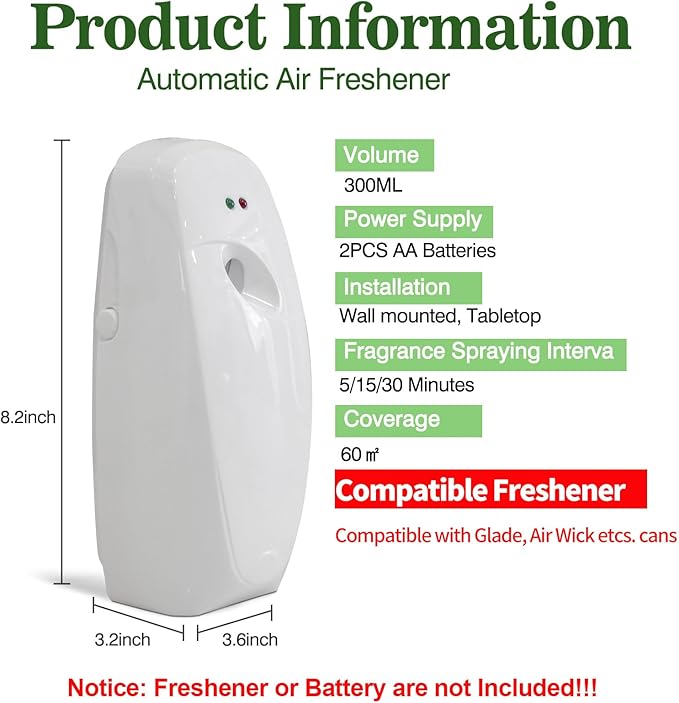 Automatic Air Freshener Dispenser 2-PackHistely Auto Air Freshener Spray Dispenser Wall Mounted or Free Standing Battery Powered w/Interval Spray Setting for Commercial &amp Home UseNo Drilling(Whi