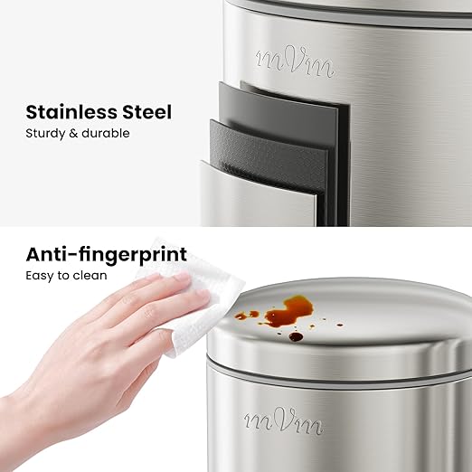 mVm Trash Can Set 3.2 Gallon(12L)+0.8 Gallon(3L) Kitchen Bathroom Trash Cans Combo Step Round Brushed Stainless Steel Garbage Can with Lid Anti-FingerprintSoft-Closefor Home Office(Silver)