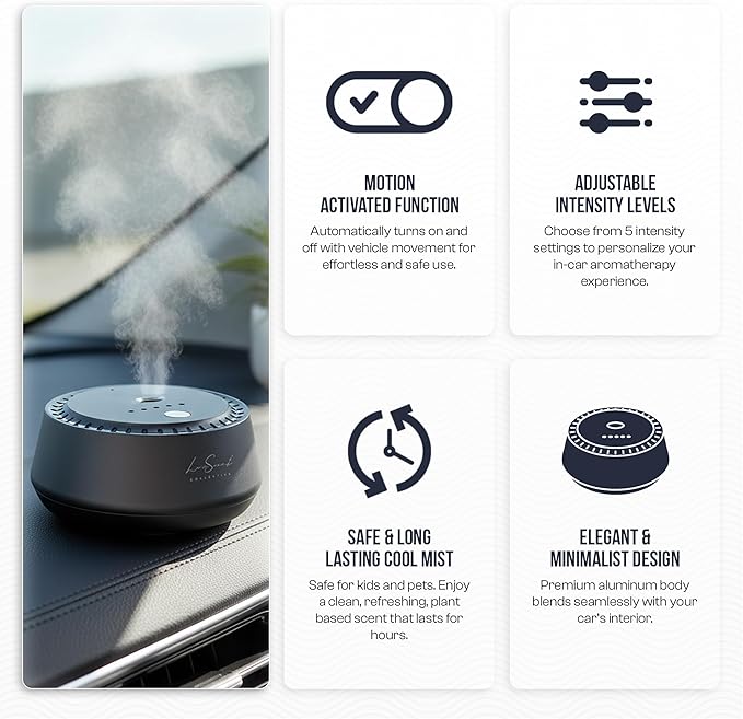 Smart Car Diffuser with 20ML Scent Oil Included - Car Air Freshener - Aromatherapy Diffuser - Portable Compact Cordless and Quiet Device - Deluxe Car Diffuser Luxscent Collection