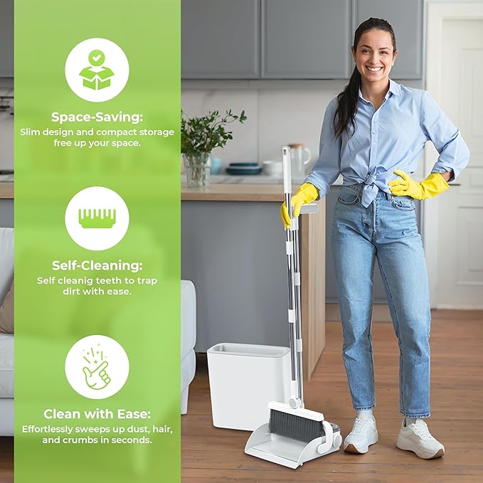 DustDockPro: Broom and Dustpan Set with Trashcan - Long Handle Upright Dust Pan with Teeth Comb Angled Bristles for Pet Hair Removal Compact Cleaning Kit for Kitchen Home Tiles Hard Floors