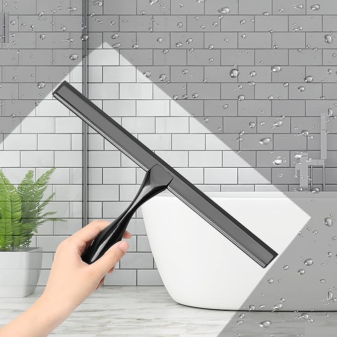 Simtive 12-Inch Shower Squeegee Set Includes Shower Door Hook and Adhesive Hook Squeegee for Shower Doors Mirror and Window Black