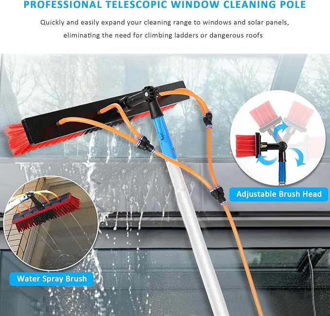 Window Cleaning Pole Water Fed Telescopic Brush Window Cleaner Kit Extendable Solar Panel Washing Equipment Cleaning Conservatory Roof (8M(26Ft))