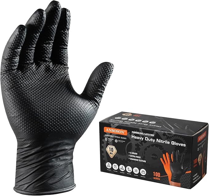 10 Mil Diamond Textured Nitrile Gloves Heavy Duty Disposable Extra Thick Latex &amp Powder Free Chemical and Puncture Resistant Ideal for Auto Repair Cleaning Painting X-Large