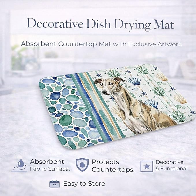 Caroline's Treasures Brindle Whippet Coastal Sea Glass Dish Drying Mat Absorbent Dish Drying Mat Pad for Kitchen Counter Dish Drainer Mat for Countertop 14 x 21 Multicolor