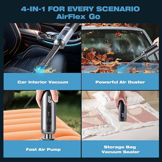 HAUSMEISTER Airflex One Cordless Car Vacuum 16000Pa 4-in-1 Handheld Vacuum with Air Duster &amp Inflator Portable Mini Vac for Car Detailing Pet Hair Keyboard Cleaning (Gray)