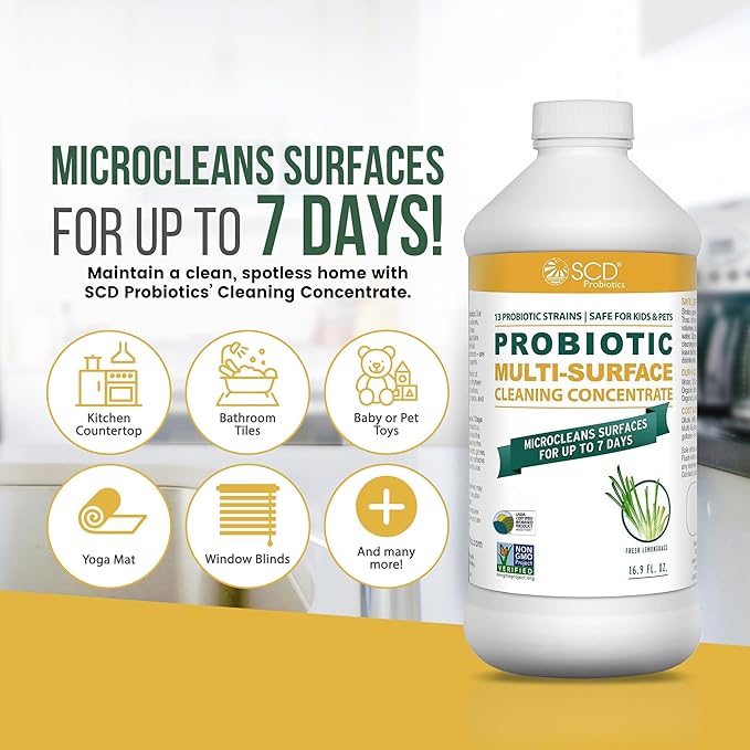 Probiotic Multi-Surface Cleaning Concentrate Lemongrass – USDA Certified Biobased Microcleans Surfaces for Up to 7 Days Refill Bottle Makes 2 Gal Probiotic Spray Cleaner – 17 Fl Oz.