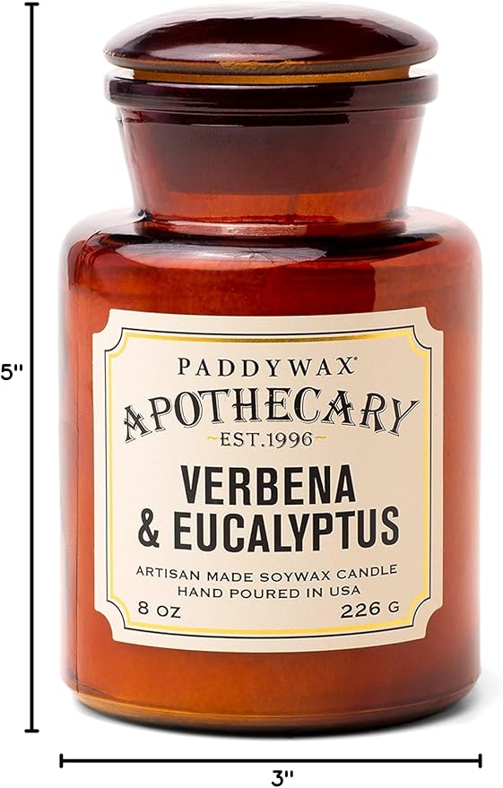 Paddywax Artisan Apothecary Scented Candle with Lid in Reusable Glass Jar Clean-Burn Soy Candle with Approx. 54 Hour Burn Time Verbena &amp Eucalyptus 8 oz.
