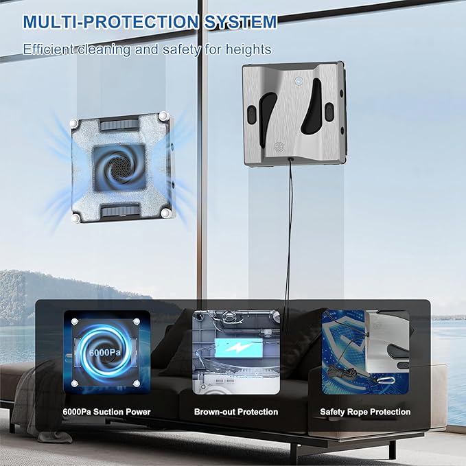 Window Cleaning Robot 6000Pa Suction Power Window Cleaner Robot with 4 Water Spray Intelligent Cleaning with App Control Perfect for High-Rise Windows Tiles and Glass Doors