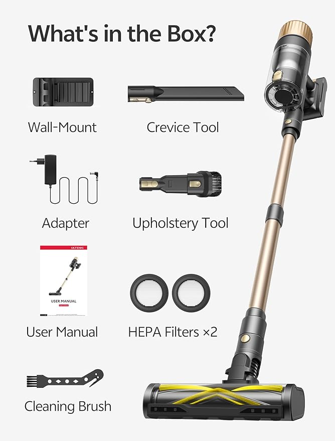Ultenic Cordless Vacuum Cleaner 600W 60KPA 65mins Vacuum Cleaners for Home Cordless Stick Vacuum with Green Light Self-Standing &amp 180° Lay-Flat Anti-Tangled Brush for Floor/Carpet/Pet Hair