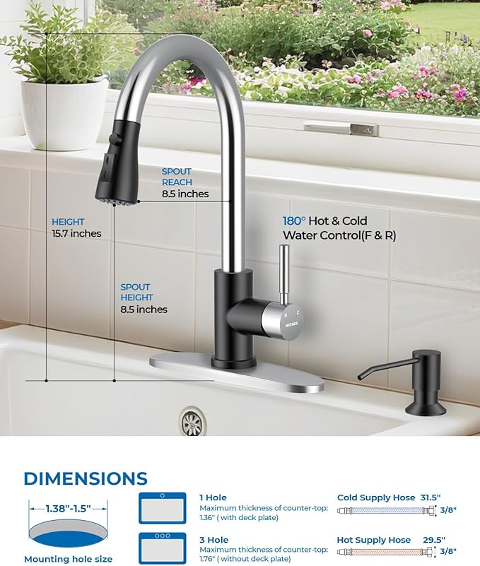 WEWE Kitchen Faucet with Soap Dispenser and Pull Down Sprayer RV Single Handle Classic 3 Modes Stainless Steel Faucet for Kitchen Sink RV Black and Polished Chrome