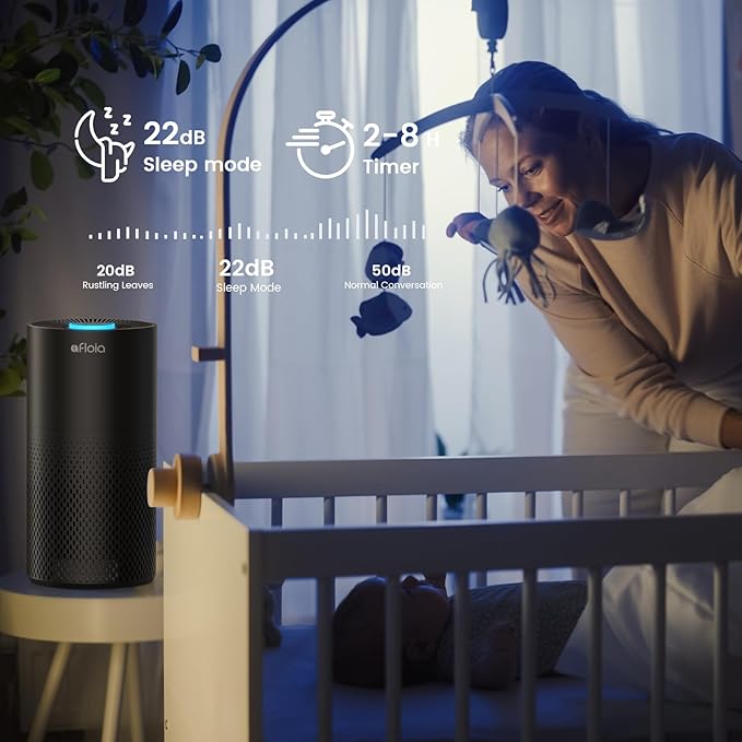Afloia Air Purifiers for Home Large Room Up to 1076 Ft² 3-Stage Filter Air Purifiers for Bedroom 22 dB Air Purifiers for Pets Dust Dander Mold Pollen Odor Smoke Kilo Black 7 Colors Light