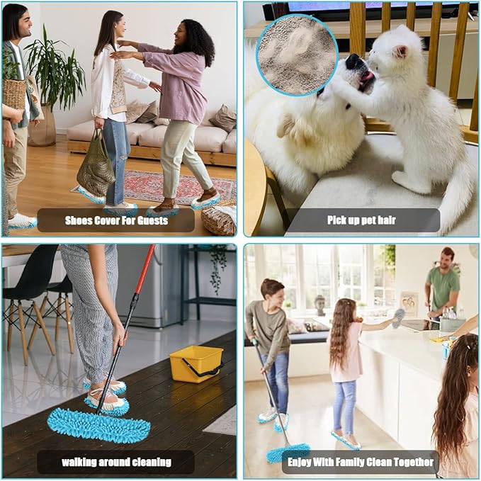 8 Pcs Mop Slippers Socks Floor CleaningMicrofiber Shoe Covers dust Washable Reusable for Woman Man House Kitchen (Blue)