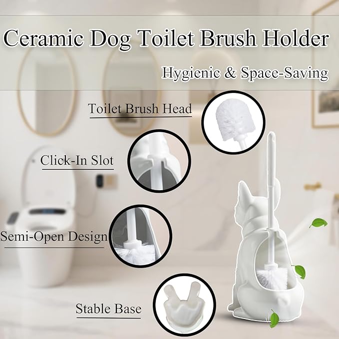 2026 Ceramic Dog Toilet Brush Holder Set French Bulldog Design with 2PCS Durable Plastic Brush Modern Bathroom Accessories (White)
