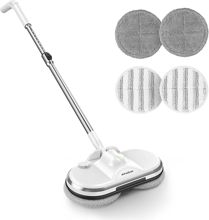 Electric Mop AlfaBot WS-24 Cordless Spin Mop for Floor Cleaning Lightweight &amp Rechargeable Floor Cleaner with Water Sprayer and LED Headlight for Hardwood and Tile Floors White