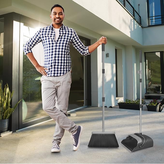 kelamayi Broom and Dustpan Set for Home Office Indoor&ampOutdoor Sweeping Stand Up Broom and Dustpan (Black&ampGray)