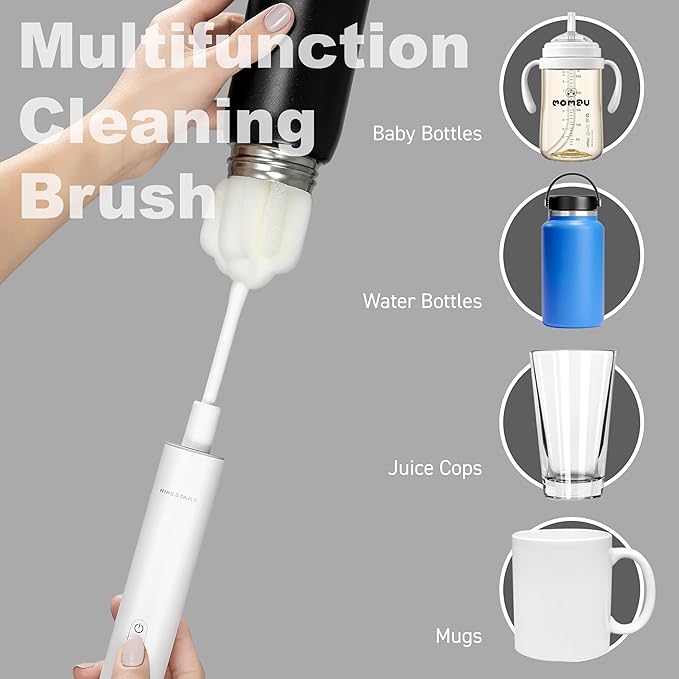 NINESTARS Electric Baby Bottle Cleaning Brush w/Sponge Brush &amp Bristle Head Long-Lasting Battery Electric Bottle Cleaner for All Families New Mom Time Saving Household Cleaning Tool (Black Meta
