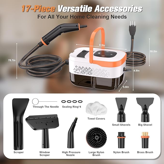 Steam Cleaner2500W Portable Handheld Steamer- 6-Level Adjustable Steamer with 15S Heat-Up Large Water Tank &amp 17-Piece Accessory Kit - Deep Clean Grease Grout Tile Floors