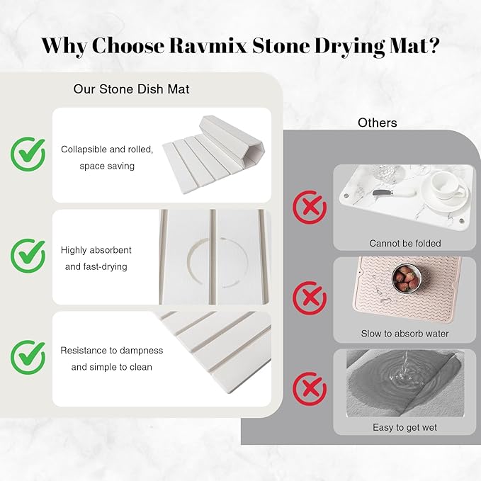 3PCS Set Large Stone Drying Mat for Kitchen Counter Foldable Collapsible Fast Drying Stone Dish Mat Water Absorbing Natural Diatomaceous Earth Bath Mat Quick Dry Stone Tray Bathroom Countertop White