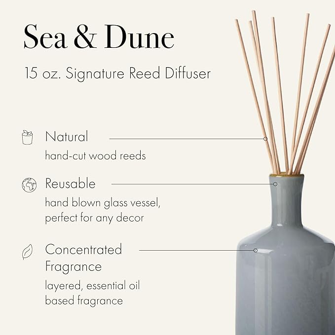 LAFCO New York Signature Reed Diffuser Sea &amp Dune - 15 oz - Up to 9 Months Fragrance Life - Reusable Hand Blown Glass Vessel - Natural Wood Reeds - Made in The USA