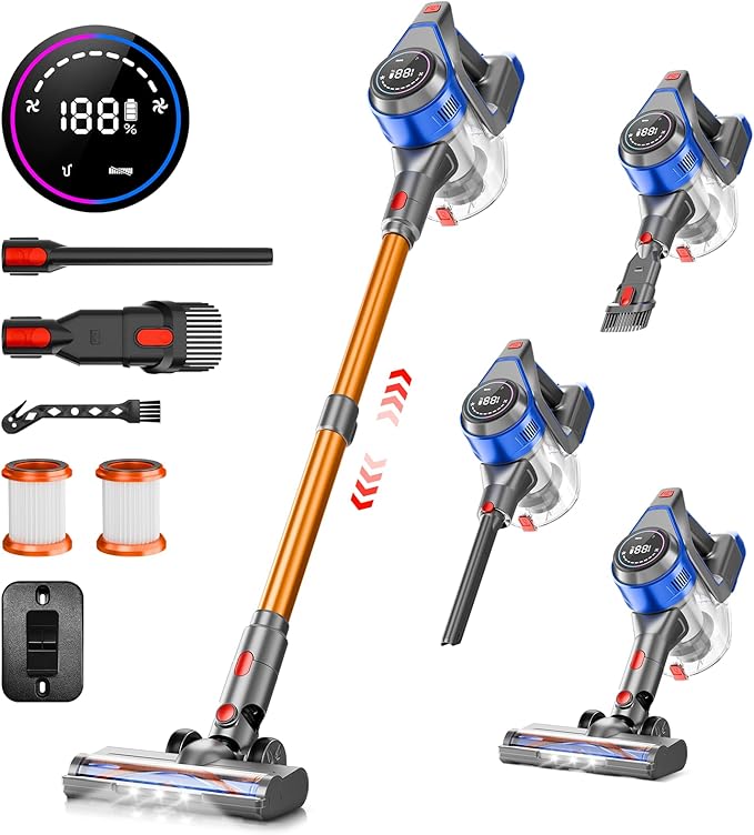 KIKETECH Cordless Vacuum Cleaner 8 in 1 Vacuum Cleaners1.7 L Dust Cup Rechargeable Vacuum Pet for Hair Carpet Hardfloor (Blue)