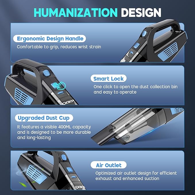 Handheld Vacuum Cordless 15000PA Strong Suction Hand Held Car Vacuum Cleaner Portable with Multi-Nozzles &amp Washable Filter Lightweight Dust Busters Rechargeable for Home Car Office Pets