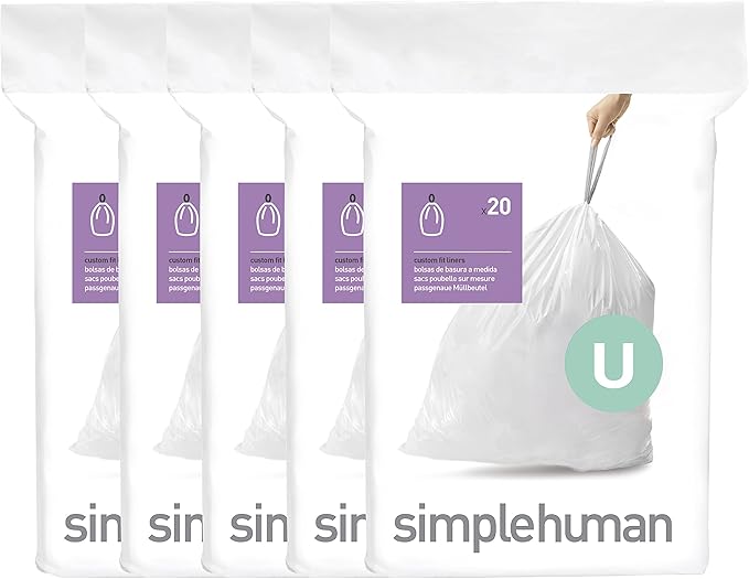 simplehuman Code U 100 Count Dispenser Pack Custom Fit Liners Drawstring Trash Bags 55 Liter / 14.5 Gallon White