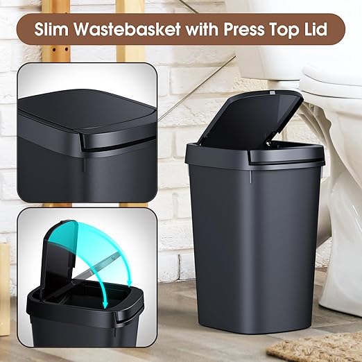 CEROELDA 3 Pack Bathroom Trash Can with Lid 10L/2.6 Gal Small Garbage Can with Press Top Lid Slim Plastic Waste Basket for Toilet Office Bedroom (Muti 1)