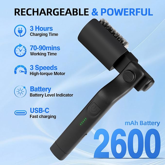 Upgraded Electric Grill Brush Cordless Rechargeable Grill Cleaning Brush with Adjustable Angle Stainless Steel Brush Head 3-Speed Power 90-Min Runtime Waterproof Cleaner for BBQ Grates (Black)