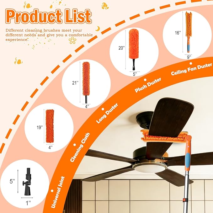 20FT Reach Ceiling Fan Cleaner Duster Fan Blade Cleaner Kit with 3-12FT Extension Pole Microfiber Duster &amp Replaceable Cleaning Cloth for Blades Ceiling Furniture