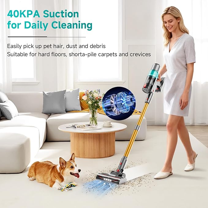 Cordless Vacuum Cleaner: Portable 6-in-1 Stick Vacuum with Anti-Tangle Brush LED Headlight Self-Standing HD Display Rechargeable Vacuum for Pet Hair Low-Pile Carpet and Hardwood Floor-Green