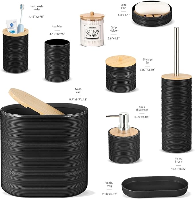 IMAVO Bathroom Accessory Set-11Pcs Black Bathroom Accessories Set with Trash CanSoap DispenserSoap DishToothbrush HolderToothbrush CupToilet Brush HolderQtip Holder Dispenser with Labels